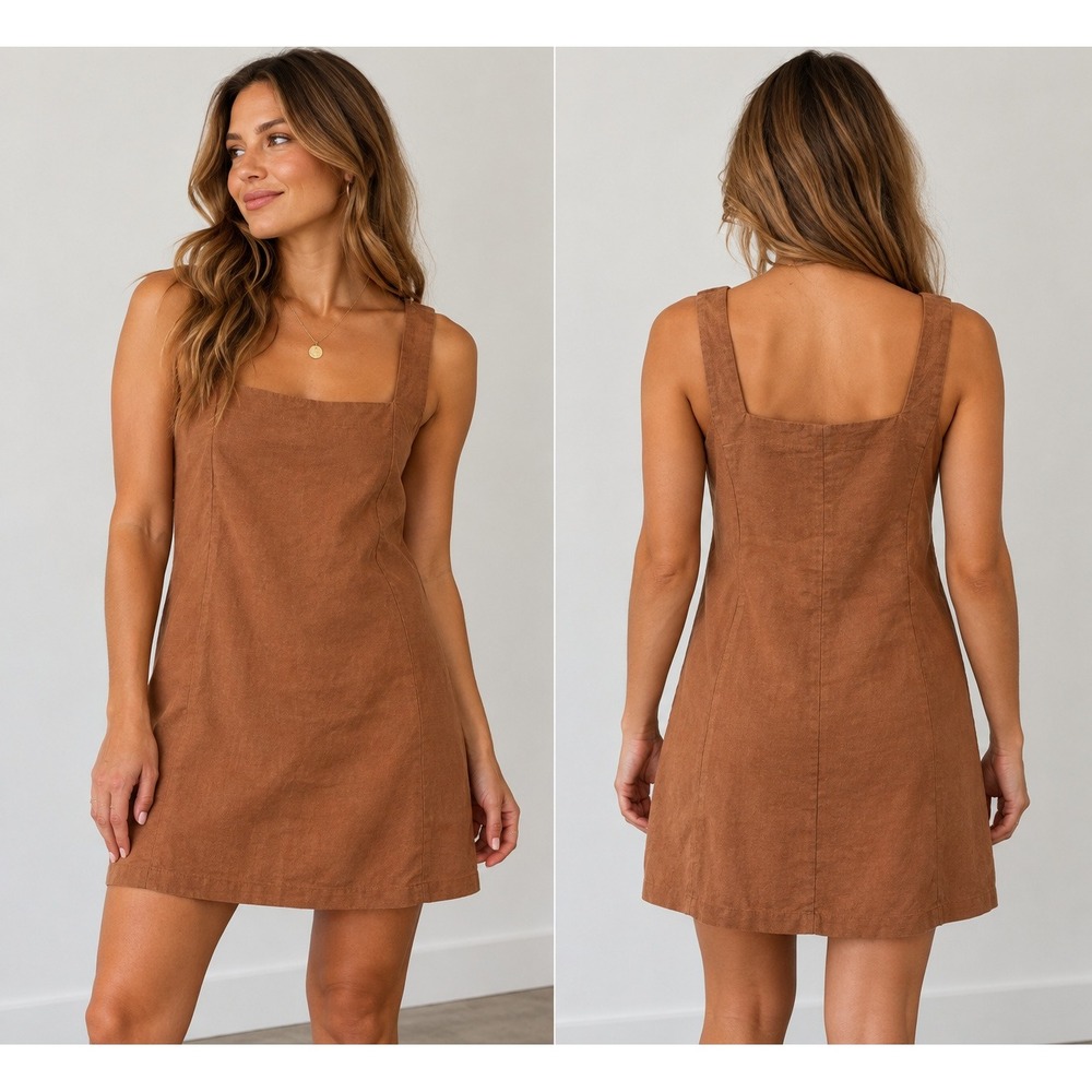 Abercrombie & Fitch Linen Cotton Mini Dress XS Rust Square Neck Shift 90s